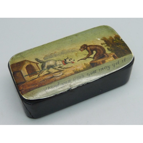 1091 - A papier mache snuff box with pictorial lid, 'Don't You Wish You May Get It', 7.5cm