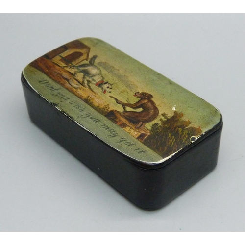 1091 - A papier mache snuff box with pictorial lid, 'Don't You Wish You May Get It', 7.5cm