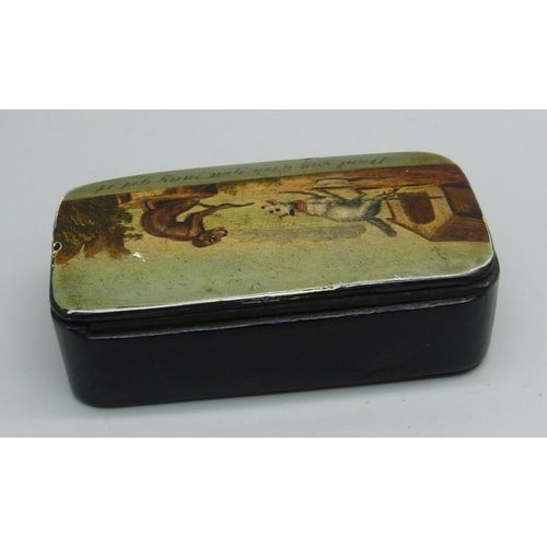 1091 - A papier mache snuff box with pictorial lid, 'Don't You Wish You May Get It', 7.5cm