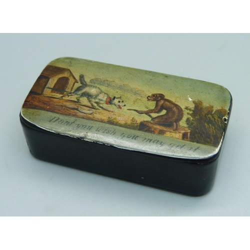 1091 - A papier mache snuff box with pictorial lid, 'Don't You Wish You May Get It', 7.5cm