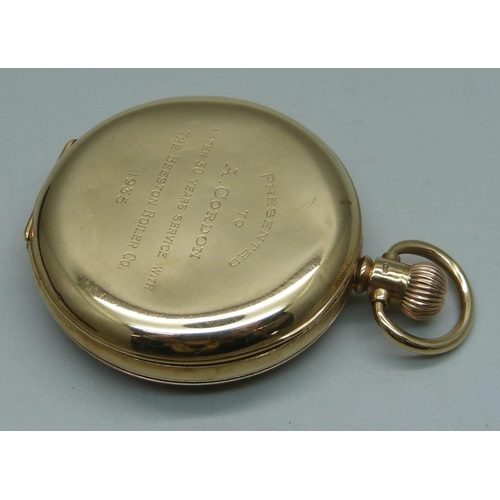 1096 - A 9ct gold cased half hunter pocket watch in a fitted case with long service inscription to case bac... 