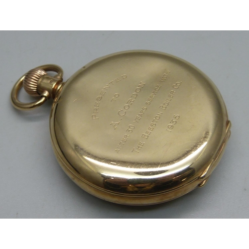 1096 - A 9ct gold cased half hunter pocket watch in a fitted case with long service inscription to case bac... 