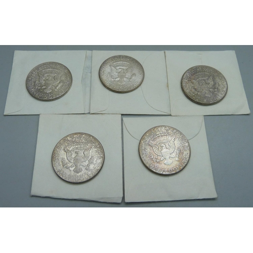 1107 - Five 1964 American silver half dollar coins