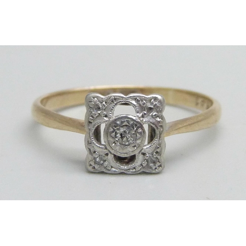 1111 - A 9ct gold Art Deco style ring set with diamonds, 1.8g, R/S