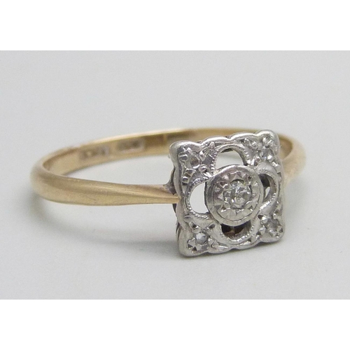 1111 - A 9ct gold Art Deco style ring set with diamonds, 1.8g, R/S