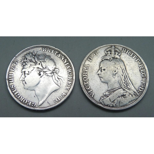 1122 - A George IIII silver crown, 1822, tertio edge, and an 1889 Victorian crown