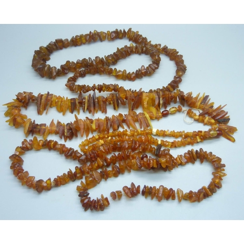 1130 - Three amber necklaces, one broken, requires re-stringing