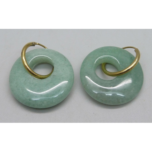 1139 - A pair of silver gilt and jade hoop earrings, jade 2.6cm