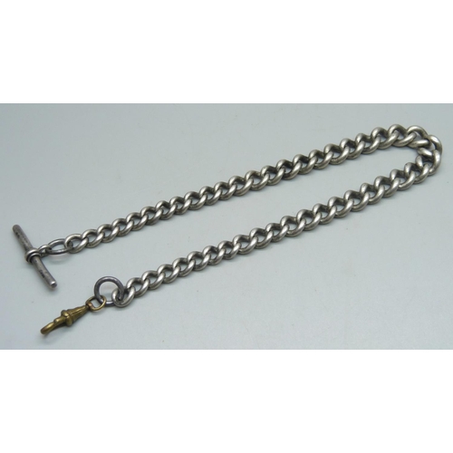 1150 - A silver Albert watch chain and T-bar, with base metal clip and end link, 62g, T bar a/f misshapen