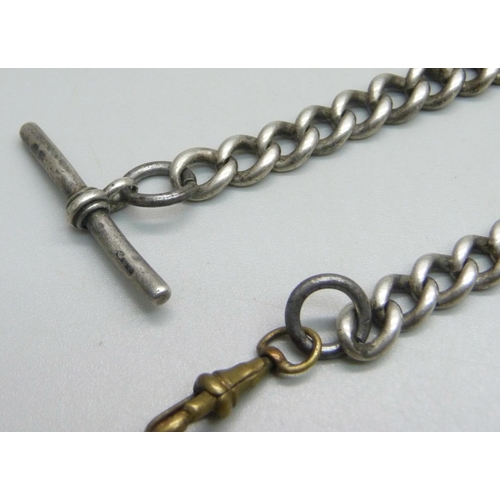 1150 - A silver Albert watch chain and T-bar, with base metal clip and end link, 62g, T bar a/f misshapen