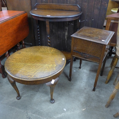 208 - An oak barleytwist demi-lune hall table, an oak coffee table and sewing box