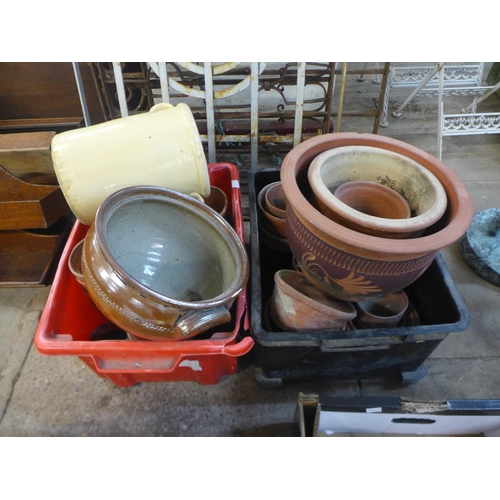 279 - Two boxes of terracotta plant pots and two other pots