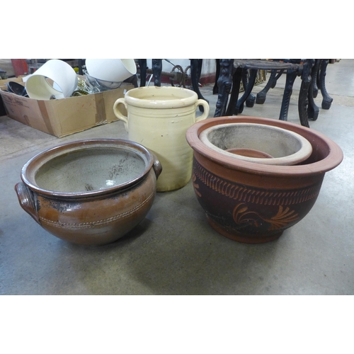 279 - Two boxes of terracotta plant pots and two other pots