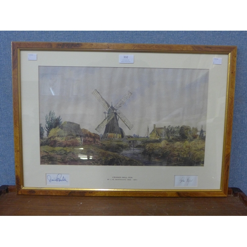 332 - J.M. Heathcote, Cranes Mill Fen, watercolour, signed by the artist and former Prime Minister John Ma... 