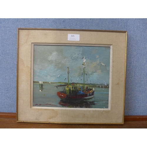 335 - French Impressionist School, fishing trawler in a harbour, oil on canvas, indistinctly signed, frame... 