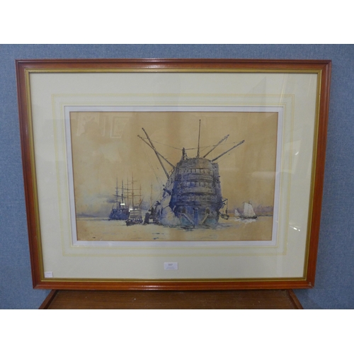 337 - Charles Edward Dixon (1872-1934), H.M.S. Victory, watercolour, dated 1889, framed