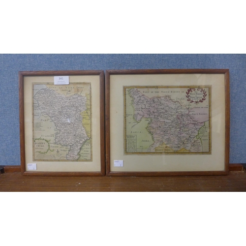 341 - Two small 16th Century Robert Morden engraved maps, one Darbyshire and Lancashire, framed