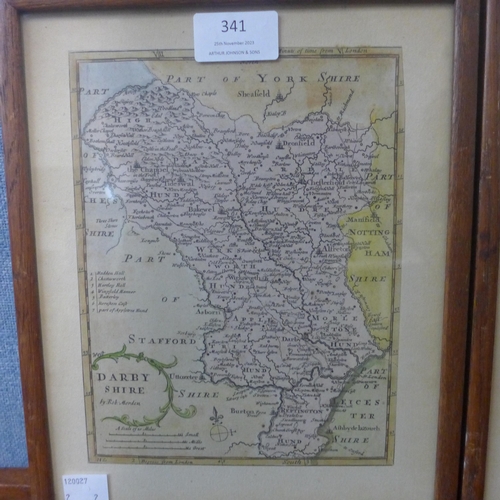 341 - Two small 16th Century Robert Morden engraved maps, one Darbyshire and Lancashire, framed