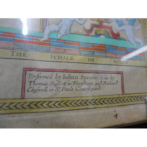 343 - A 17th Century John Speede coloured engraved map, Rutlandshire with Oukham and Stanford, framed