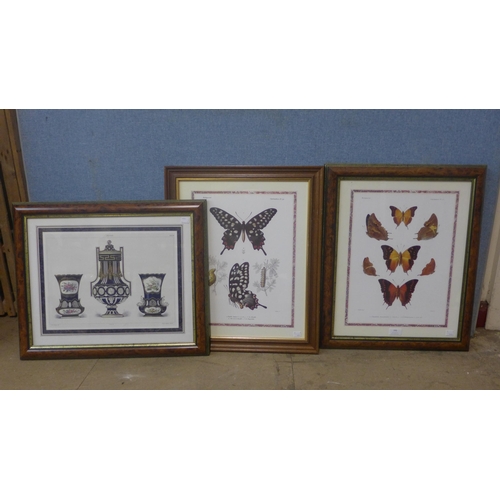 346 - Three prints, Sevres and two Madagascar Lepidopteres, all framed