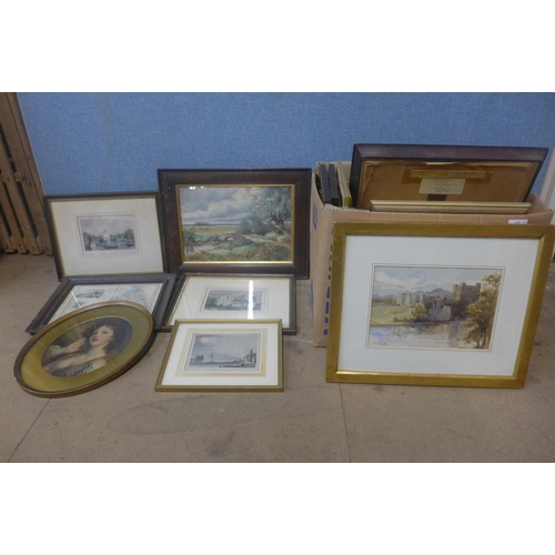 348 - A box of 19th Century and later framed engravings, prints, etc.