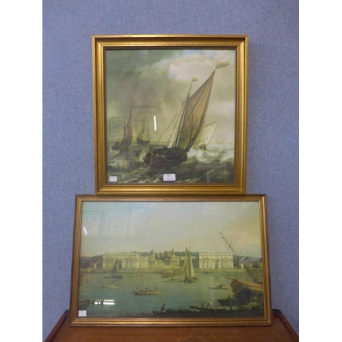 352 - A print of Greenwich Hospital and a nautical print, both framed