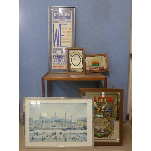 356 - Three assorted vintage advertising mirrors, a Lowry print and one other