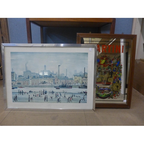 356 - Three assorted vintage advertising mirrors, a Lowry print and one other