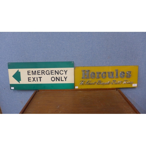 375 - A vintage Hercules bicycle sign and a metal Emergency Exit sign