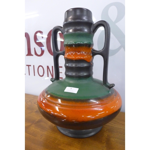4 - A West German green, brown and orange glazed pottery table lamp