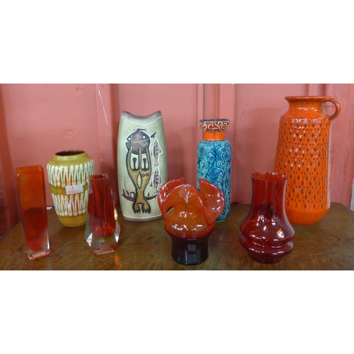 5 - Three assorted West German pottery vases, one other vase and four studio glass vases