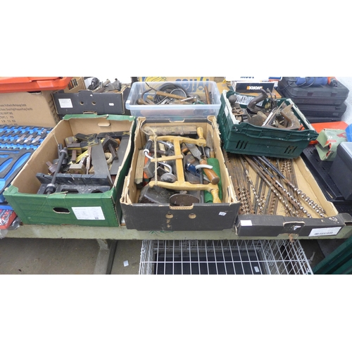 2002 - 3 Boxes and a crate of woodworking tools including- brace bits, plane parts, scribes etc