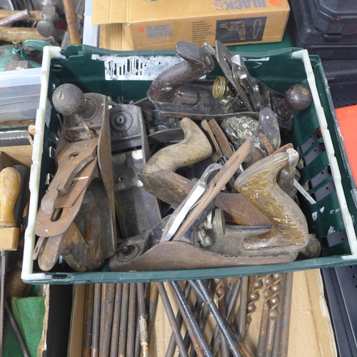 2002 - 3 Boxes and a crate of woodworking tools including- brace bits, plane parts, scribes etc