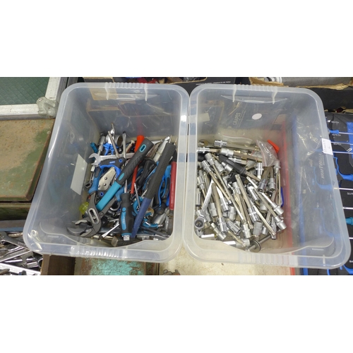 2009 - 2 Plastic tubs of hand tools including-  torq bits, hammers, spanners, pliers etc