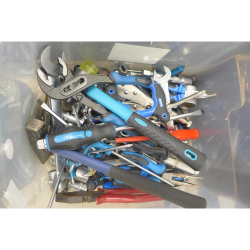2009 - 2 Plastic tubs of hand tools including-  torq bits, hammers, spanners, pliers etc