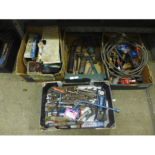 2096 - 4 Boxes of assorted mechanic's tools including grease guns, oil cans, foot pumps, etc.