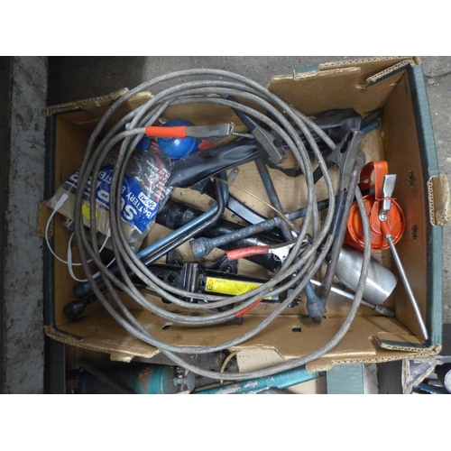 2096 - 4 Boxes of assorted mechanic's tools including grease guns, oil cans, foot pumps, etc.