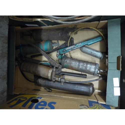 2096 - 4 Boxes of assorted mechanic's tools including grease guns, oil cans, foot pumps, etc.