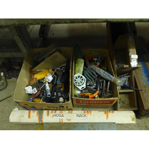 2098 - 2 Boxes and tool box of assorted tools, paint brushes, etc.