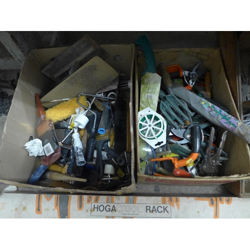 2098 - 2 Boxes and tool box of assorted tools, paint brushes, etc.