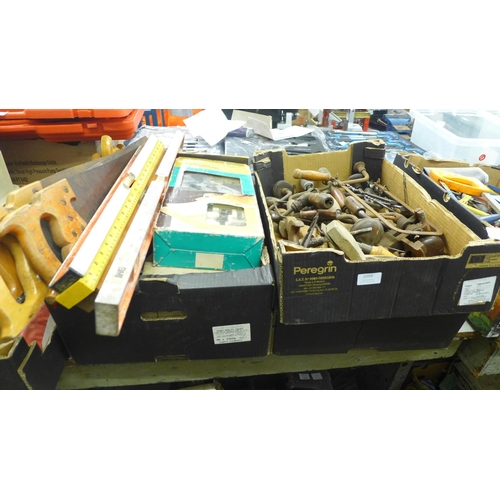 2099 - 3 Boxes of woodworking tools including mainly brace drills