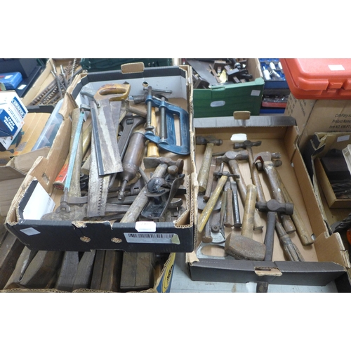 2102 - 2 Trays of vintage hand tools including saws, hammes, G-clamps, Stanley no. 010 plane, etc.