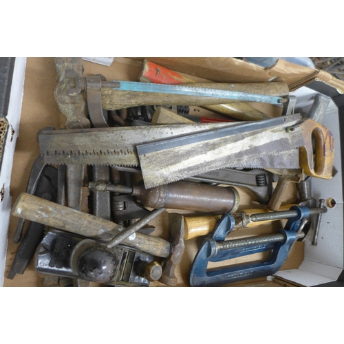 2102 - 2 Trays of vintage hand tools including saws, hammes, G-clamps, Stanley no. 010 plane, etc.