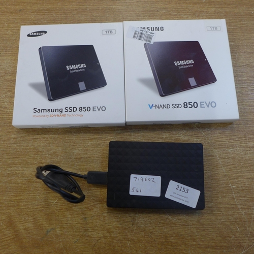 2153 - Two 1TB Samsung SSD 850 Evo solid state drives and a 2TB Seagate portable expansion drive