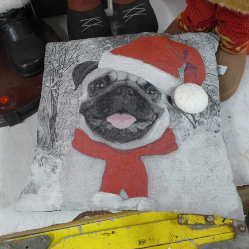 2196 - A quantity of Christmas items; a Snowman and Old Santa and a Pug Christmas cushion