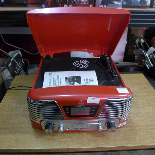 2230 - A GPO retro style turntable, CD player, MP3 USB, music system with hand book and remote - W