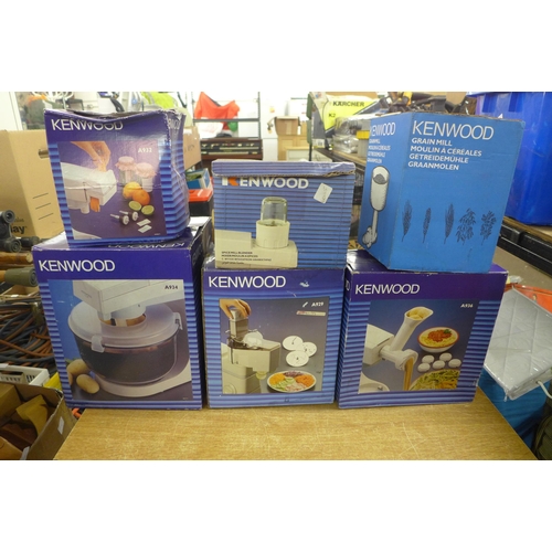 2450 - A quantity of Kenwood items; dough hook, mincer, grain mill, pasta maker, potato peeler, shredder, a... 