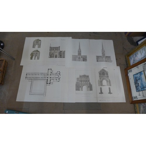 352B - Four architectural prints, approx. 70 x 100cms from Norwich Cathedral, Ichnography and views of the ... 