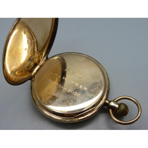 1063 - A 9ct gold full-hunter pocket watch, inner case 9ct gold, bears inscription dated 1928 and monogram,... 