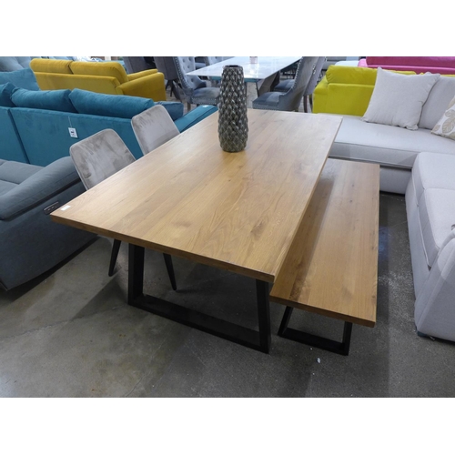 1302 - An oak 1.8m dining table with oak bench and two mink velvet dining chairs * this lot is subject to V... 